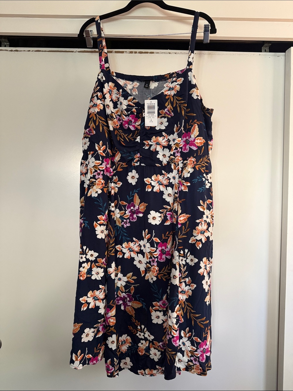 torrid Navy Midi Dress with Pink, White & Orange Floral Print